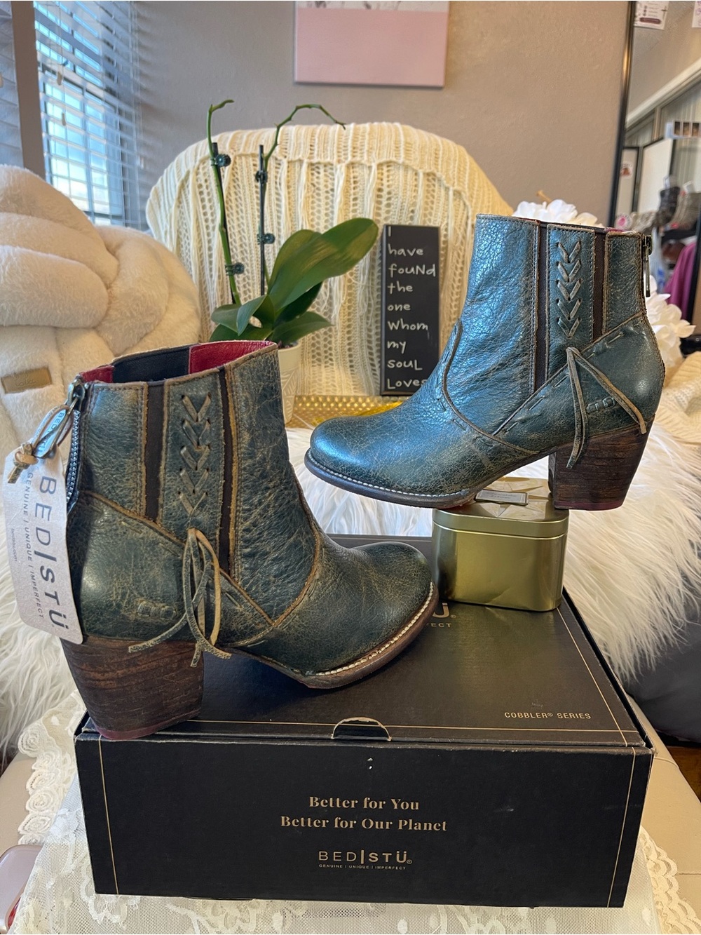 Bed Stu NWT “Celestine” Heeled Ankle Boots in Dark Teal Lux Colorway MSRP$295